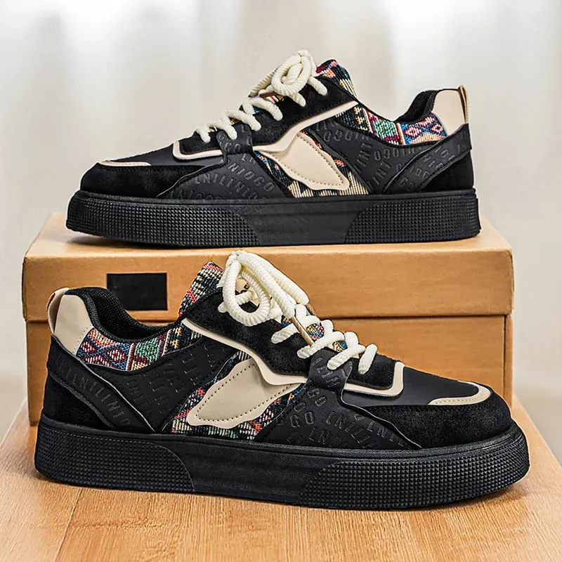 Men's Vintage Patchwork Platform Sneakers - Ethnic Tribal Print Low-Top Casual Shoes Retro Fashion Walking Sneakers for Men