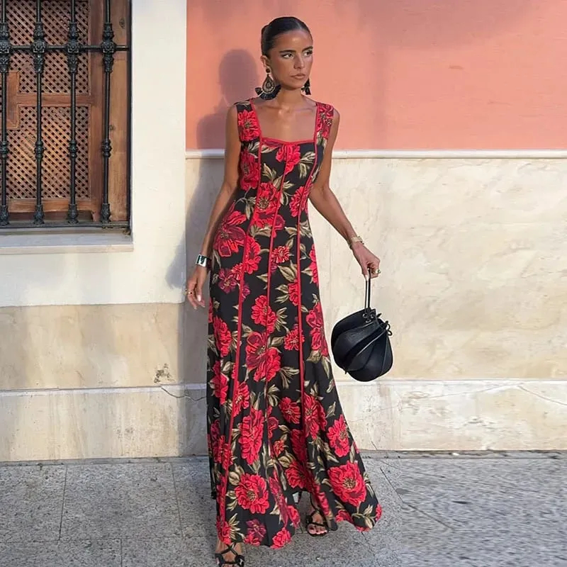 Elegant Women's Floral Print Dresses Single Breasted Slit Maxi Dresses Bodycon Party Evening Formal Gown 2026 New Outfit
