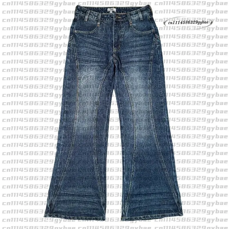 2026 Y2K Retro Blue Flare Jeans Unisex Washed Denim Pants Embroidered Back Pocket Streetwear Wide Leg Bootcut Jeans