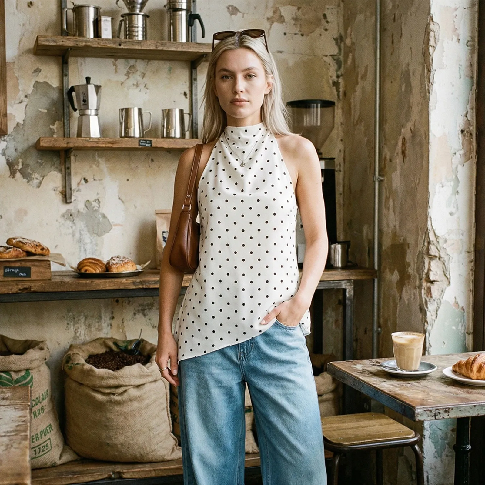 Women Summer Vintage Dot Print Asymmetric Hem Halter Neck Tanks Tops Sleeveless Backless Slim Fits Tunic T-Shirts Streetwear