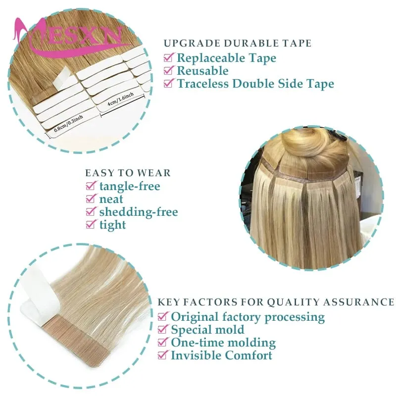 Tape In Hair Extensions 100% Real Human Hair Tape Weft InsInvisible Soft 16"-24" Brown Blonde 613 For Salon