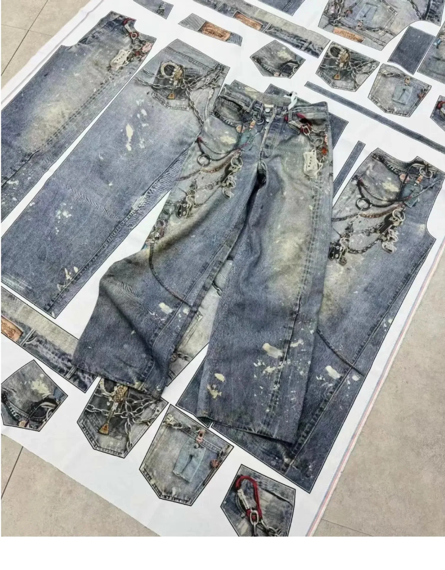 Street 3D Printed Candy Chain Denim Washed Jeans Baggy Fashion Curved Blade Harem Jeans Pants Men Y2k Wide Leg Trousers — image 2