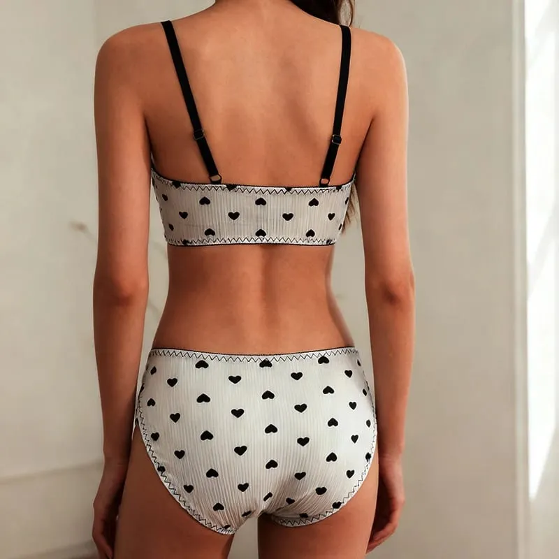 Women's Bra Sets Breathable Ultra-thin No Underwire Sexy Lingerie Heart Print Sweet Underwear Soft Cozy Female Panties Sale