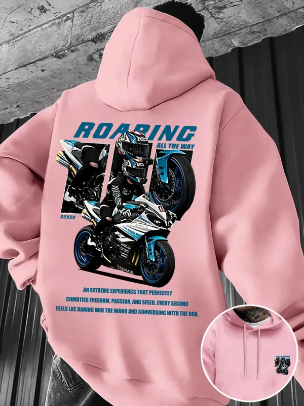 Winter and Autumn Men's Street Fashion Hooded Sweatshirt with "motorcycle" Print Pattern Fleece for Outdoor Warm Cozy Feeling