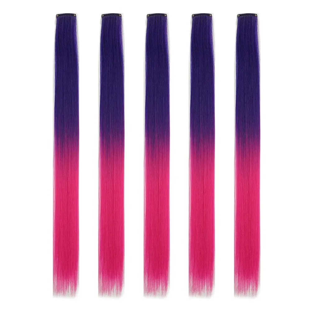 Extensions de cheveux synthétiques à clips, postiches colorées à reflets de fête pour filles, cheveux lisses multicolores de 18 pouces, 5 pièces/ensemble