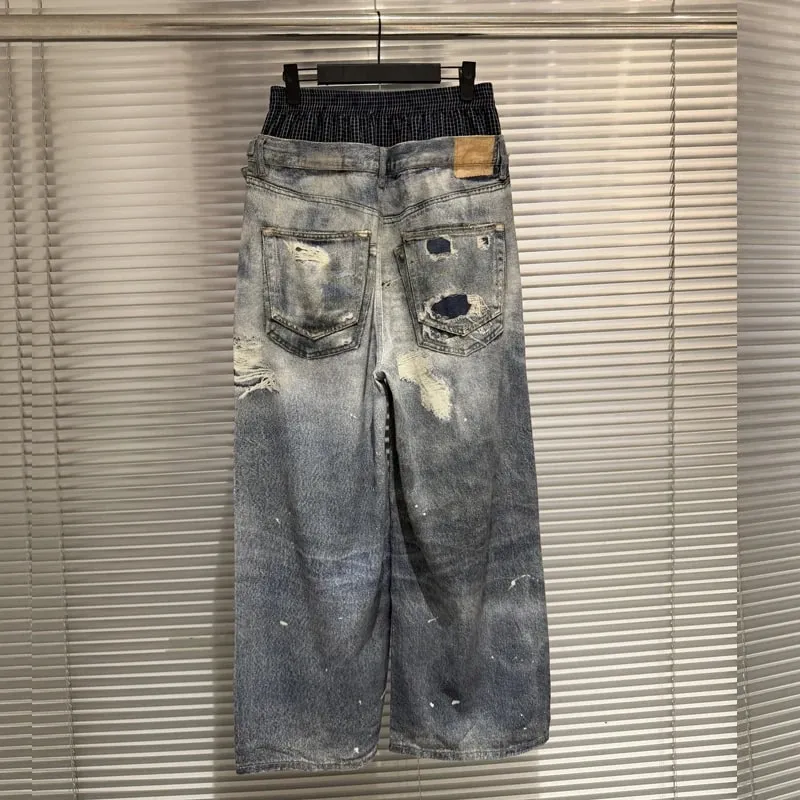 Trend Fashion Street Style Fake Two Piece Double Waist 3D Printed Digital Printed Ripped Baggy Protocol Index Jeans