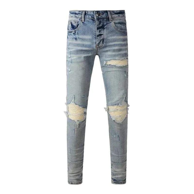 Fashion Americans Brands Men's Jeans Luxury Streetwear Holes Long Trousers Quality Male Stretch Slim Pants Skinny Trousers