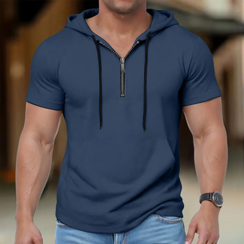 Hoodies casuais de manga curta masculina moda esportes metade zip cordão moletom mostrar mais forte solto respirável fitness hoodies — image 2