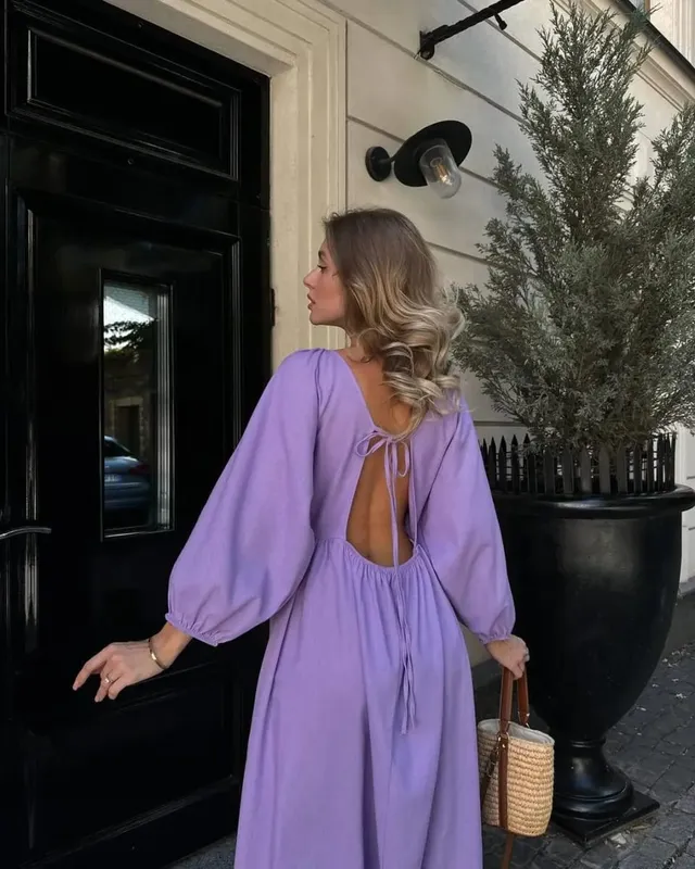 2026Spring Summer V Neck Backless Lace Up Dress Women Lantern Sleeve Loose Casual Long Dresses High Street Fashion Solid Robes