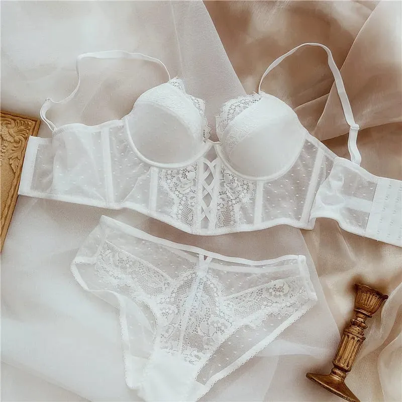 Popular French Vintage Lace Women Bra Set Soft Underwire Thin Cup Bone Support Push Up Side Gather Armpit Fat Underwear 32-38AB