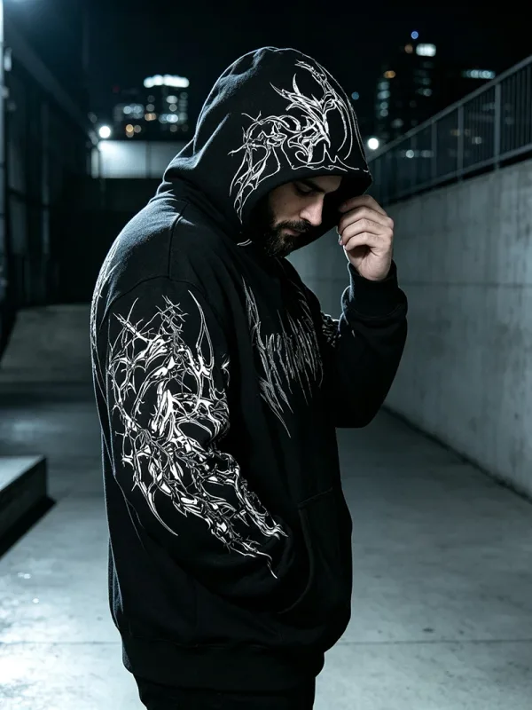 Men Alt Gothic Pullover Hoodie Y2k High Street American Style Dark Thorn Print Fleece Lined Loose Biker Fall Winter Sweatshirt