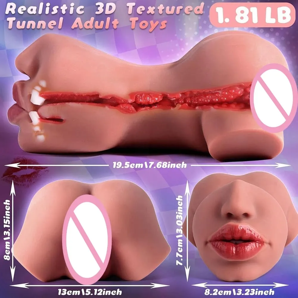 1pc Double-Ended Male Masturbation Sex Toy with Realistic Sexy Plump Lips Pocket Stroker Toy with Mouth Tongue&Textured Vagina