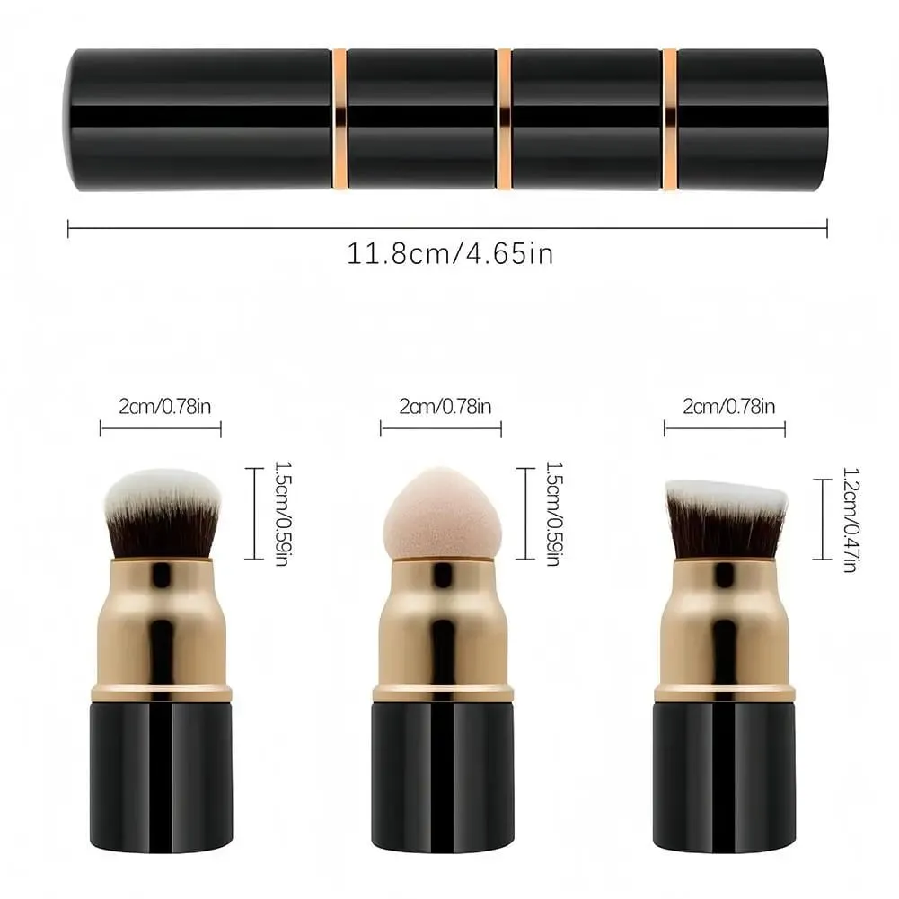 3-in-1 Mini Makeup Brush Set Detachable Portable with Dust Cover for Foundation Powder Blush and Sponge Head Make Up Tools