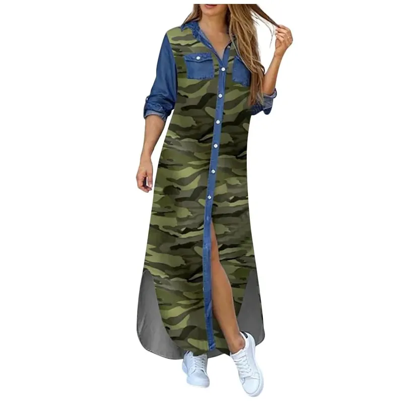 Robe longue en Denim pour femmes, manches longues, chemise, avec poches, boutons, imprimée, décontractée, ample, nouvelle collection automne 2023