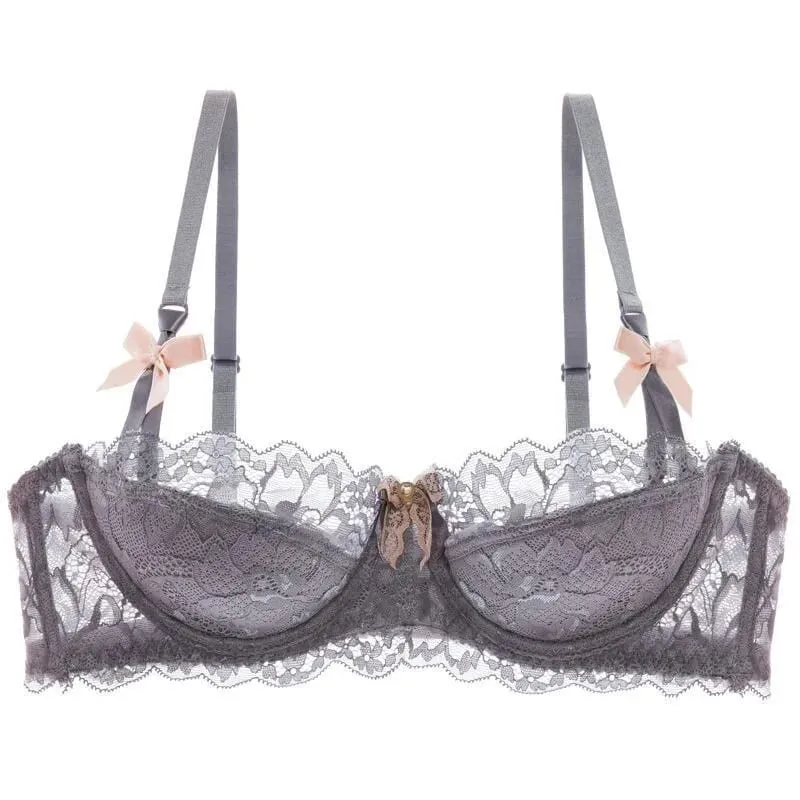 French Pure Passion Bow Shaped Shoulder Strap Lace Sexy Half Cup Push Up Bra Set Women's Thin Lingerie Big Breast Small Cup S-XL