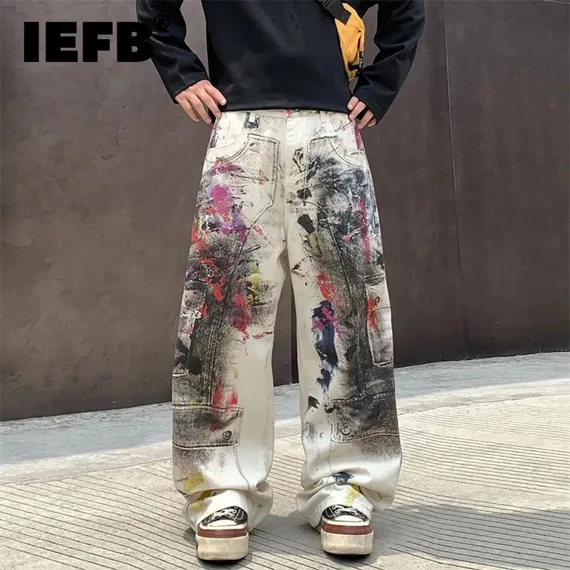 Edgy Men's Splatter Paint Jeans Black White Print Wide Leg Baggy Fit Distressed Streetwear Premium Denim Pants 9X2984