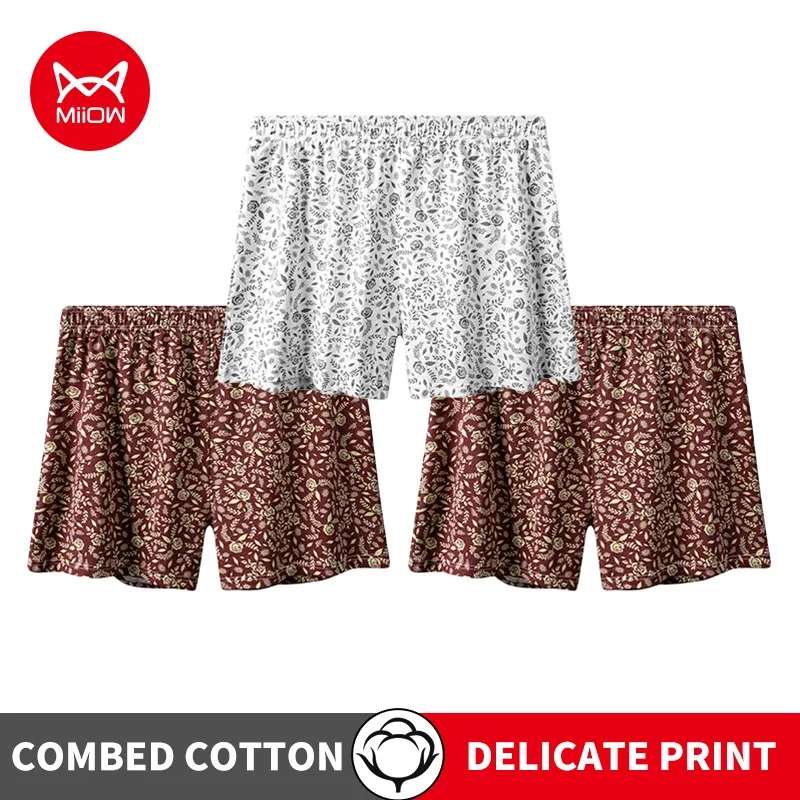 MiiOW 3Pcs Cotton Men Underwear Boxershorts Breathable Rose Print Man Underpants Skin-friendly Large Size Men's Shorts Panties