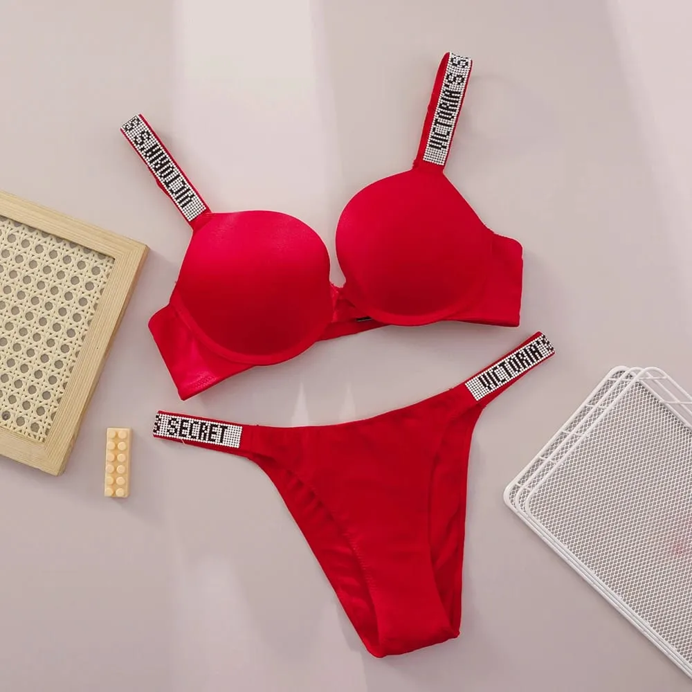 Victoria Secret Hot Sexy Lingerie Set Very Sexy Logo Shine Strap Push Up Bra With Shine Script Thong Panty