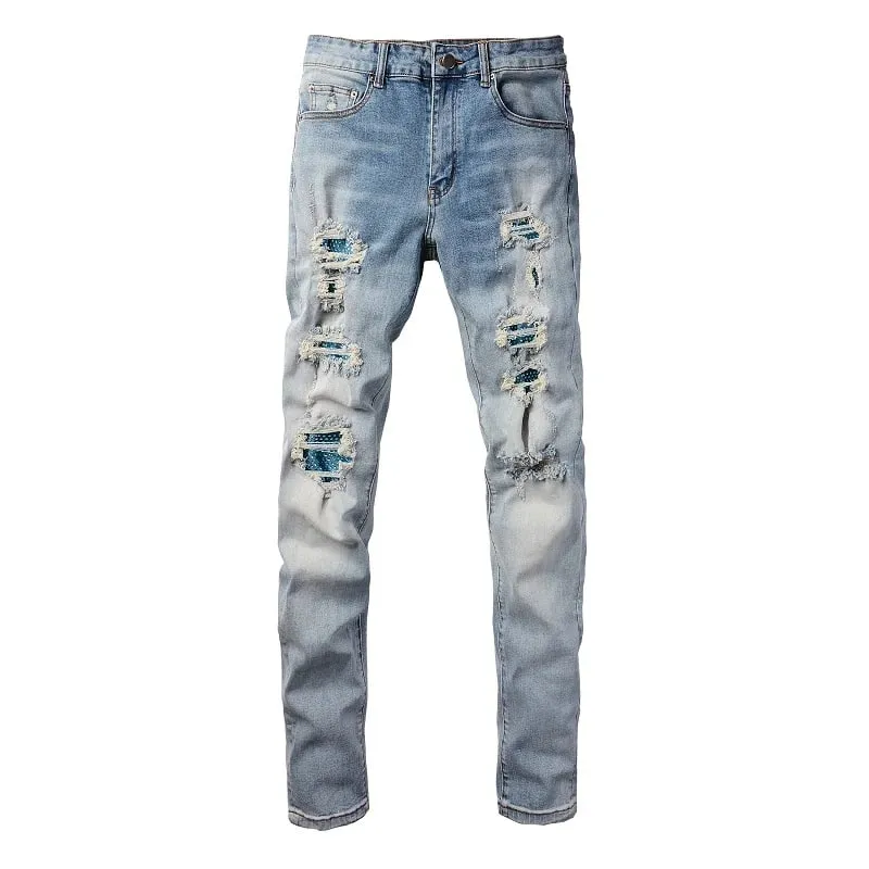 Men Crystal Patch Denim Jeans Streetwear Blue Patchwork Stretch Pants Ripped Distressed Skinny Tapered Trousers