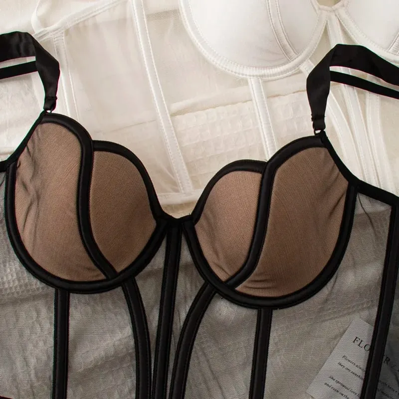 Sexy lingerie women's vest style small chest with steel ring thin bralette large size ladies long bra breifs set