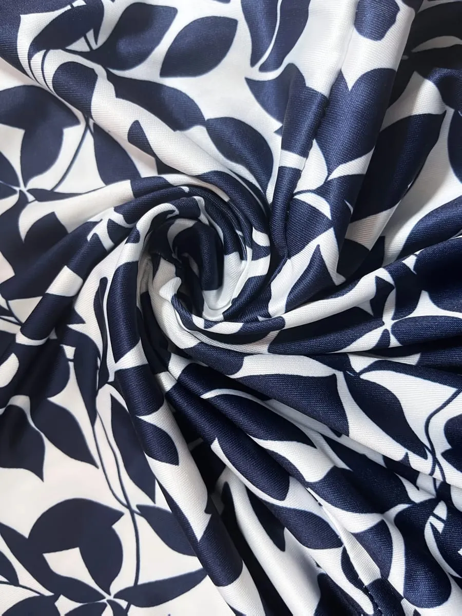 Women's Navy Blue Leaf Print Fit And Flare Dress Summer Casual V Neck Short Sleeve A Line Flowy Sundress
