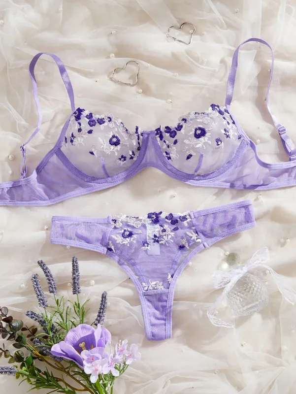 Womens Embroidered Bralette And Panty Set Floral Design Soft Stretch Fabric Comfortable Everyday Underwear