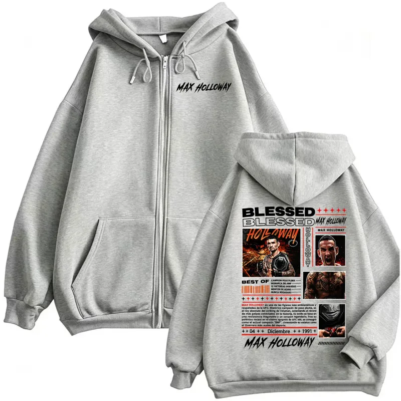 Max Holloway Blessed Retro Zip Up Hoodies Men's Harajuku Streetwear Sweatshirt Jacket Coats Bodywarmer Cozy Fleece Zipper Hoodie
