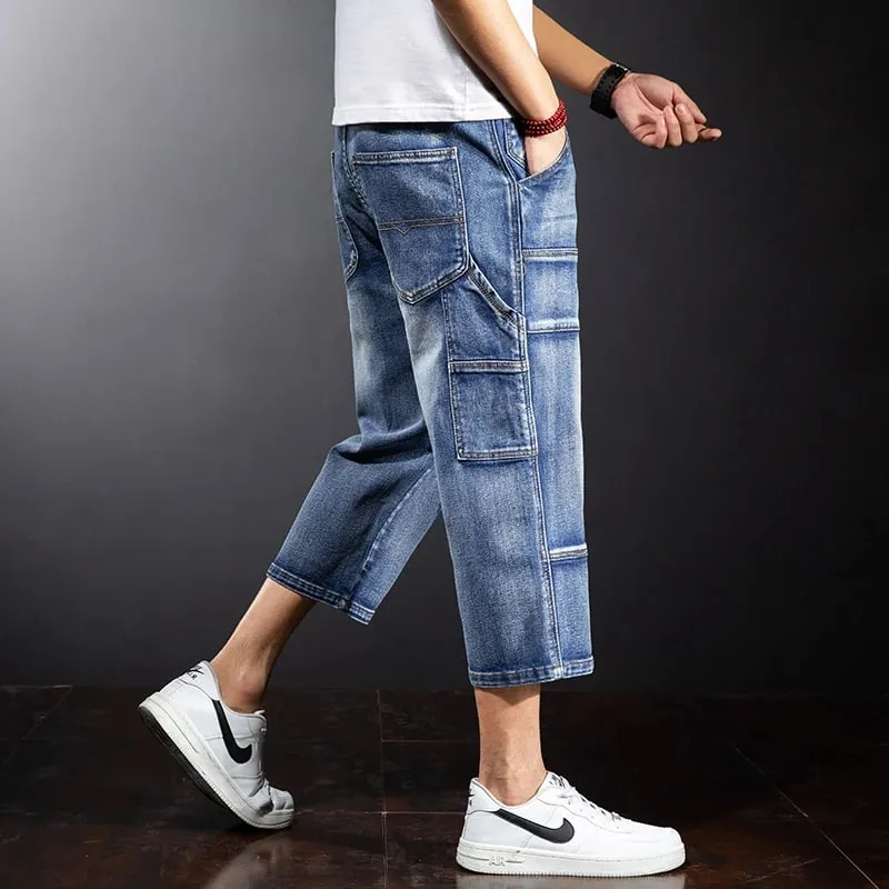 American Summer Men's Loose Denim Cropped Pants Fashionable Street Hip-hop Skateboard Workwear Ripped Jeans Plus Size Pants