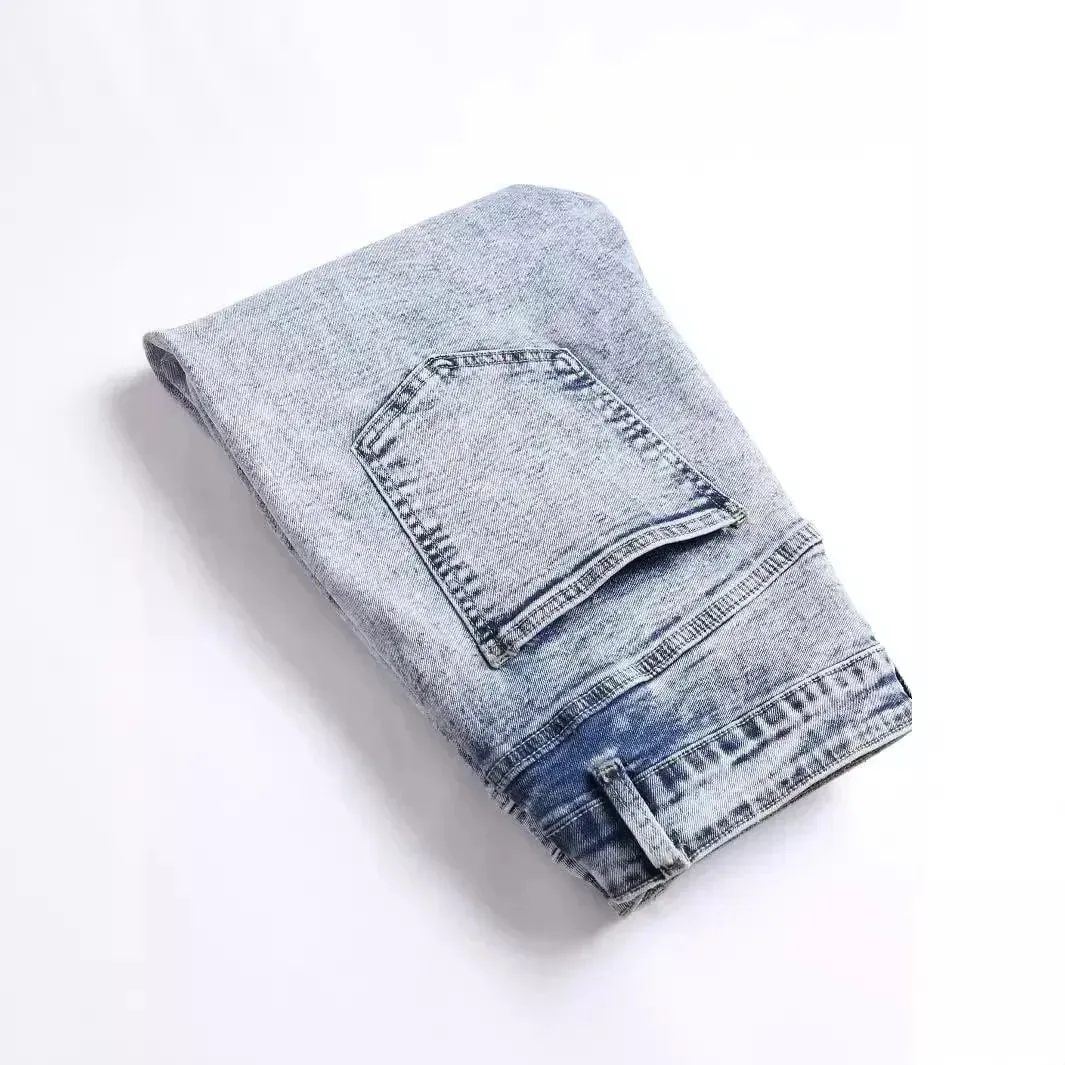 Men Stretch Jeans Pencil Pants Mid Waist Slim Fit Washed Denims Casual Vintage Distressed Basics Denim Ankle Length Trousers