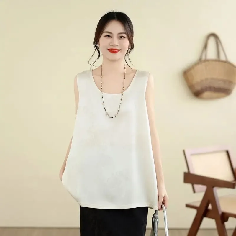 New Chinese Style Jacquard Satin Tank Top Middle Aged Women Loose U Neck Sleeveless Blouse Elegant Acetate Vest For Moms