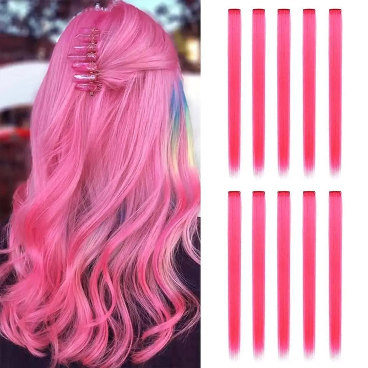 Syntetisk 10PCS Clip in Hårförlängningar för kvinnor Flickor Barn Färgade Fest Höjdpunkter Extensions Flerfärgade rakt hår