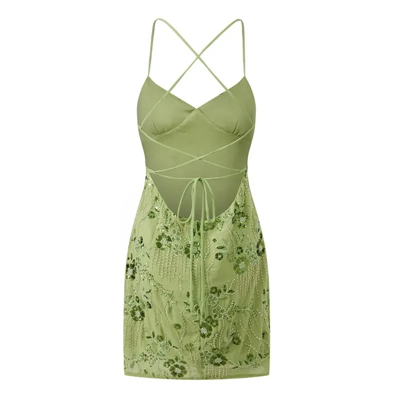 Hirigin Đầm Đính Hạt Cami Mini Gợi Cảm Phía Trước Cổ Chữ V Váy Ngắn Cho Nữ Hở Lưng Criss Dây Đeo Chéo Đầm
