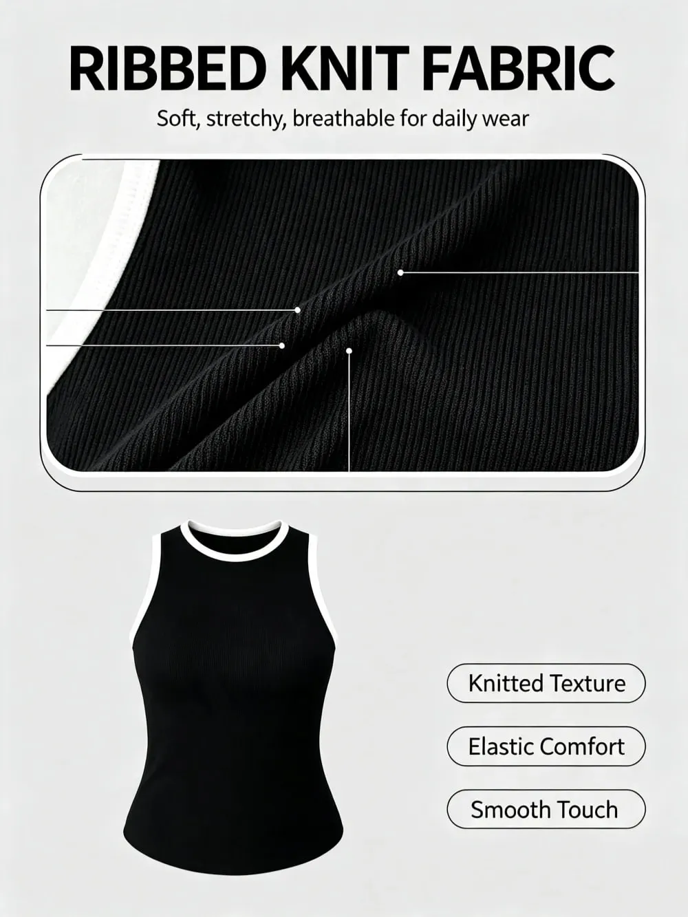 2026 New Contrast White Trim Ribbed Tank Tops Women Sleeveless Round Neck Slim Fit Black Basic Cami Vest Streetwear