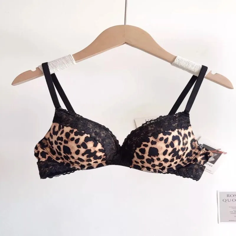 Conjunto de Lingerie Leopardo Sexy Para Mulheres Sem Aro Sem Costura Push Up Renda Encantadora Confortável Diário