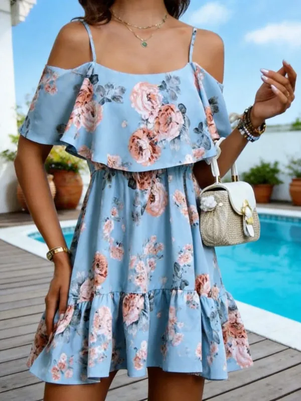 Women's European-Style Floral Print Dress Sleeveless Halter Top with Ruffled Edges Short Skirt for Summer