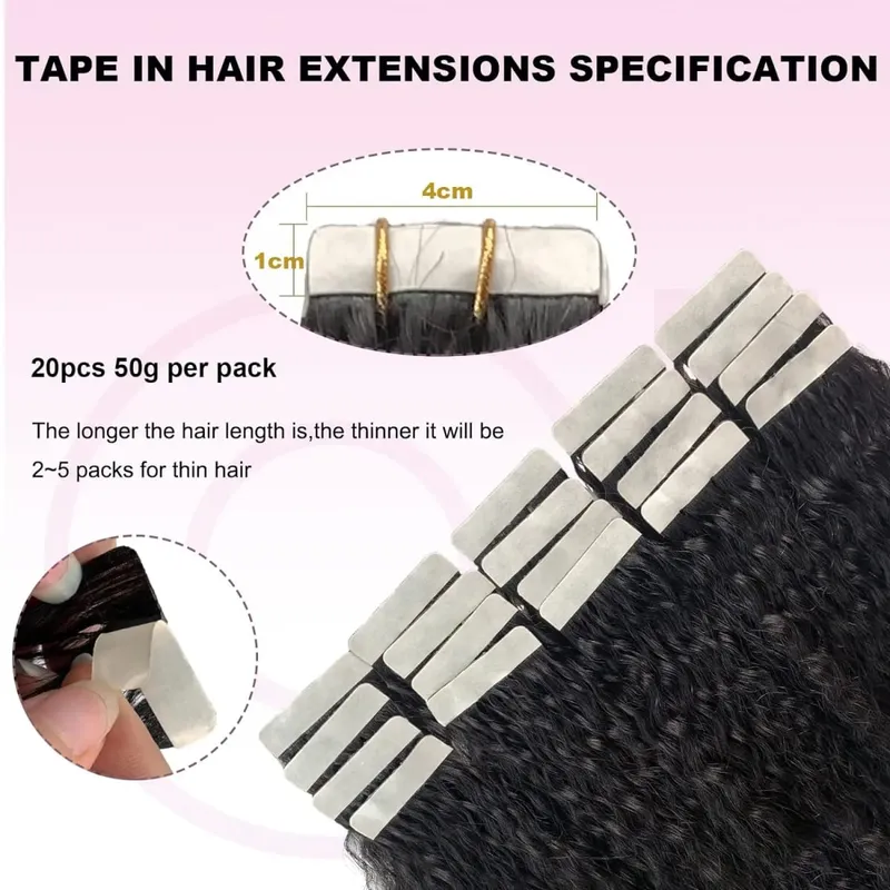 Kinky Straight Tape Ins Hair Extensions Invisible Adhesive Glue Natural Black Yaki Tapes in 100% Human Hair Full Head 50g/20Pcs