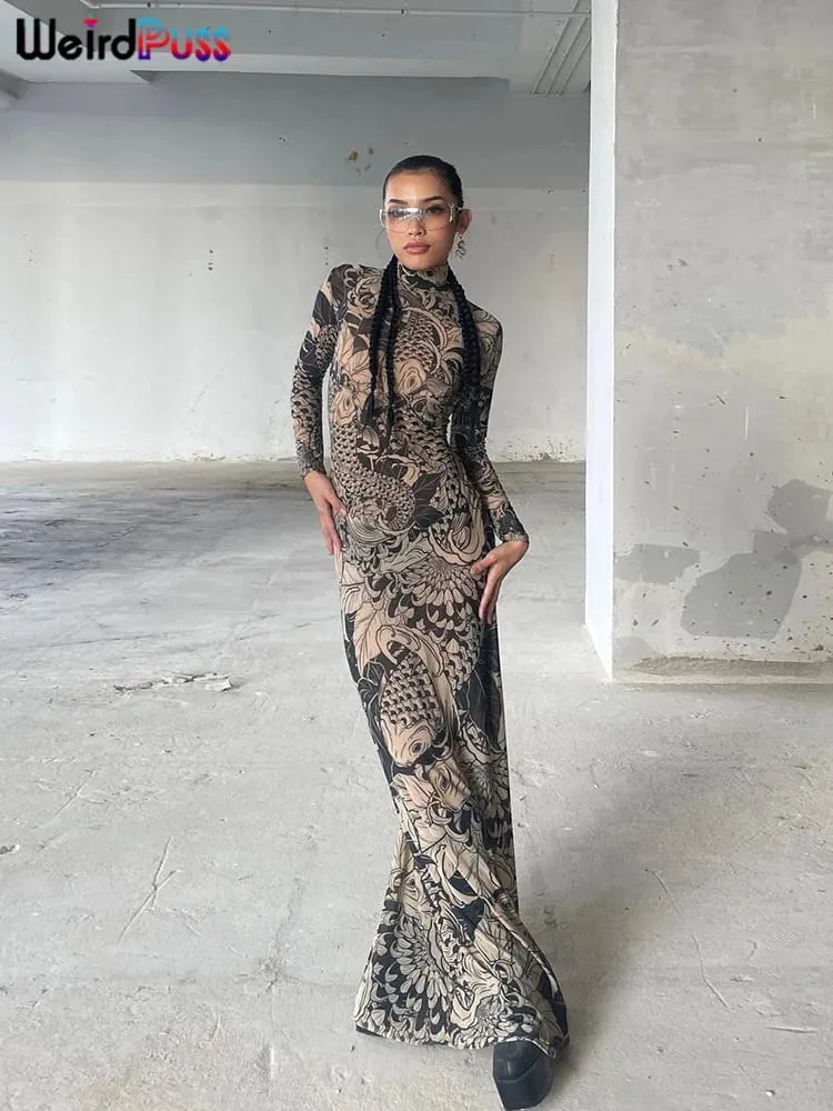 Weird Puss Mesh Print Dámské Maxi Šaty Rolák s rukávem Bodycon Podzim Trendy Bokovky High Street Party Y2K Oblečení