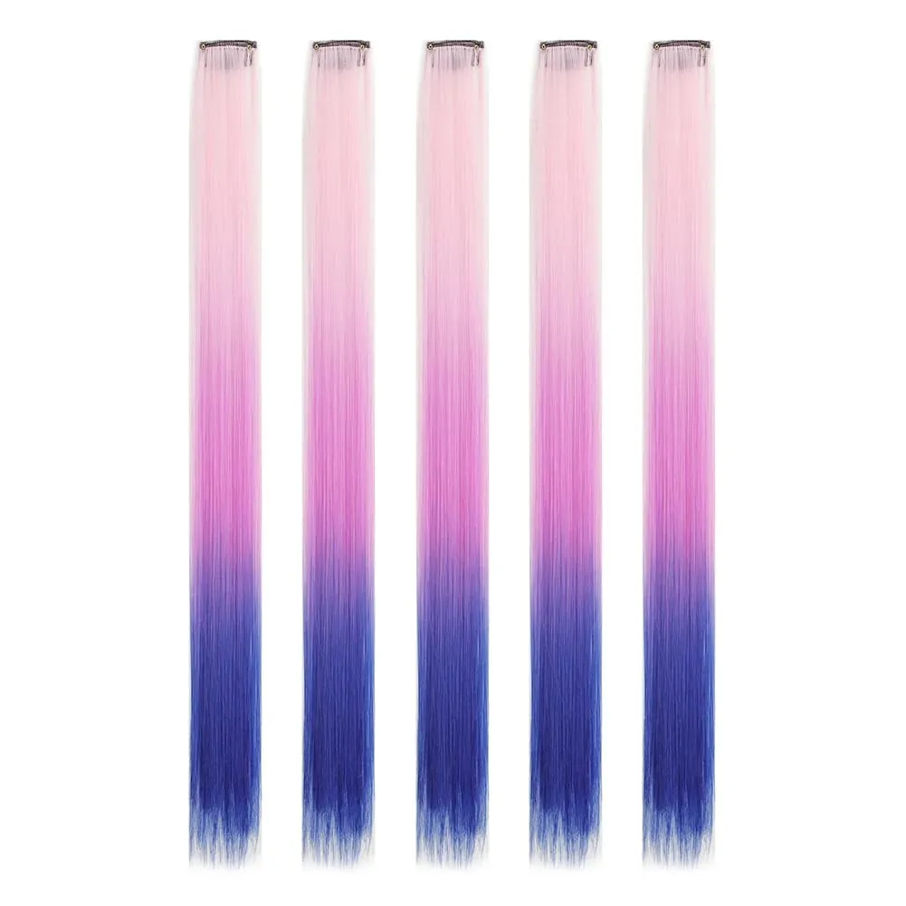 Extensions de cheveux synthétiques à clips, postiches colorées à reflets de fête pour filles, cheveux lisses multicolores de 18 pouces, 5 pièces/ensemble