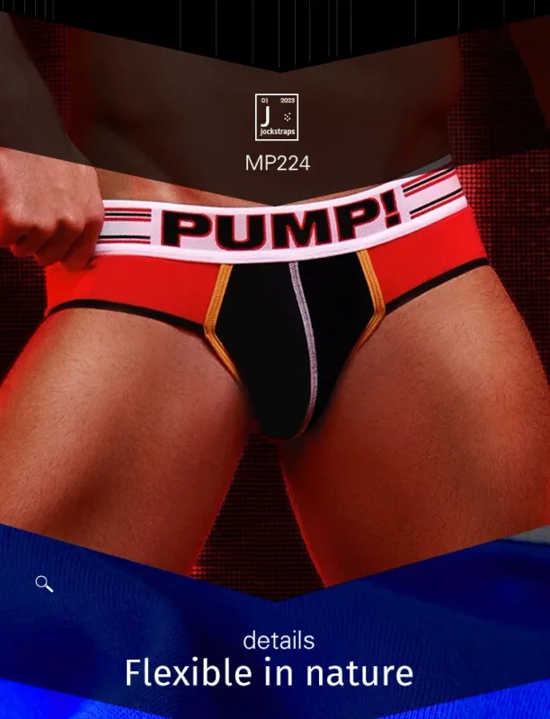 Celana Dalam Katun Warna Blok Pria, Pump! Logo Celana Dalam Kantong Cembung 3D Seksi Bertingkat Rendah Ikat Pinggang Lebar 3256813080433415