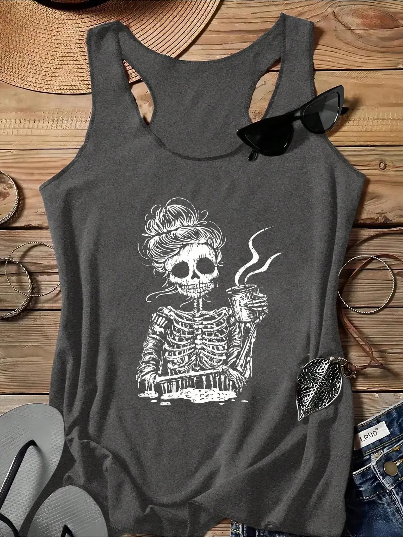 Ladies' Skeleton Print I-Back Vest A Summer Casual and Personalized Sleeveless Top in a Popular Style Perfect for Daily Wear