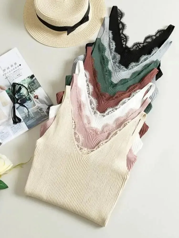 2026 Summer Casual Tops Solid Stitching V-neck Camis Women Hook Flower Lace Tank Female Knitted Short Slim Sleeveless Shirt