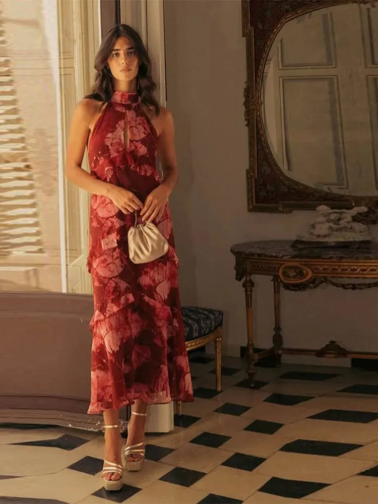 Cetak Bunga Potongan Leher Halter Gaun Maxi Berperingkat Ruffle Tanpa Lengan 2026 Musim Panas Wanita Pakaian Percutian Fesyen Boho Wanita Vestido