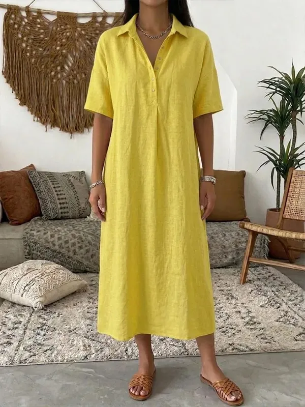 2026 Women's Spring and Summer New Casual Straight-Cut Comfortable Polo-Neck Linen Short-Sleeve Dress