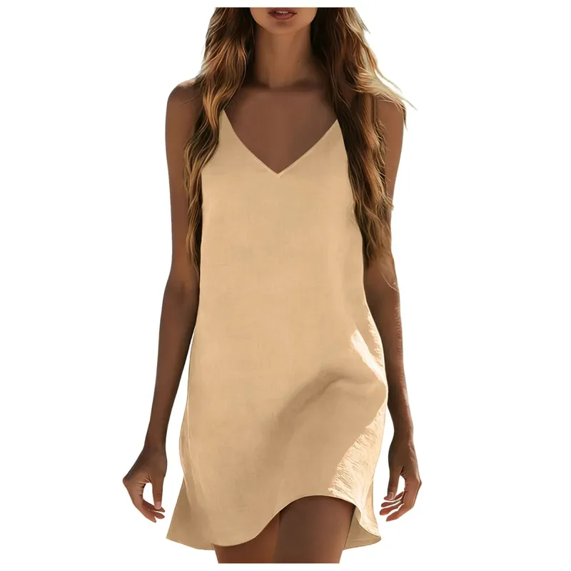 Cotton Linen Dresses For Women Summer Sleeveless V Neck Mini Dress Loose Fit Casual Beach Vacation платье летнее