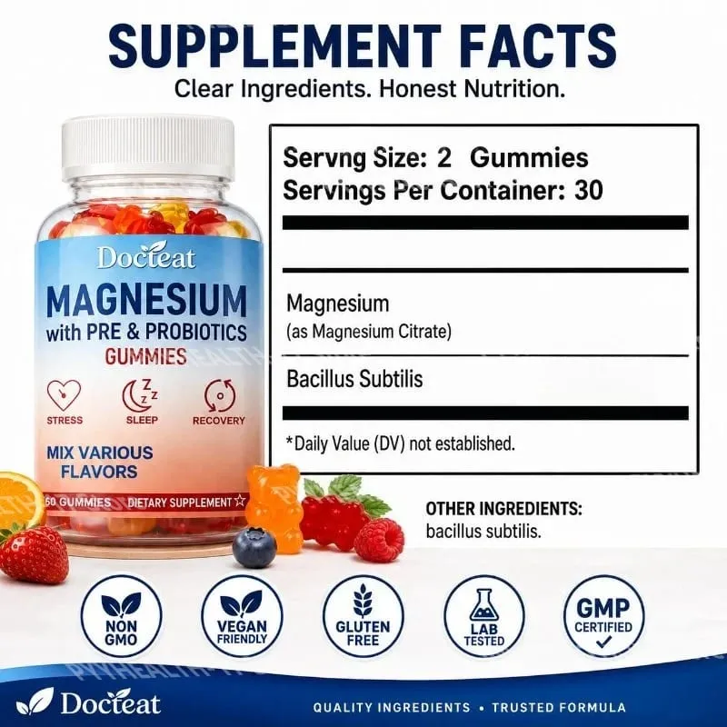 Docteat Magnesium Gummies with Pre & Probiotics for Stress Relief Supports Restful Sleep Relaxation and Recovery 60 Gummies