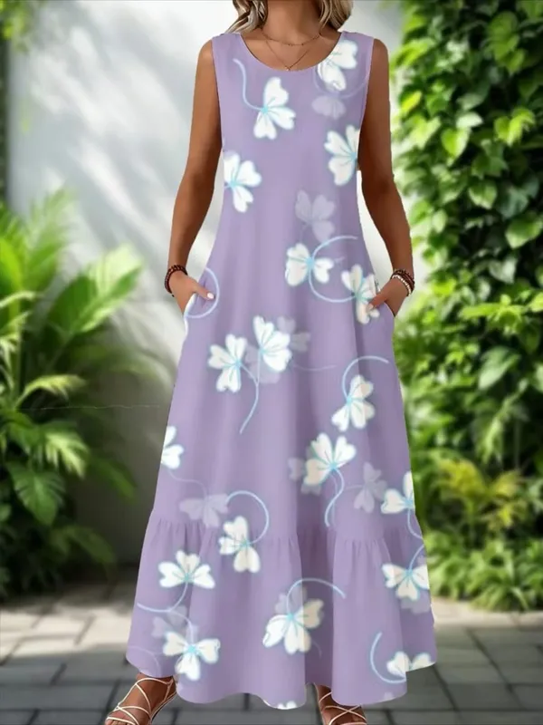 2026 New Women's Dress Fashion Floral Print New Sleeveless Design Dresses Summer Outdoor Beach Vacation Ankle Long Women's Dress