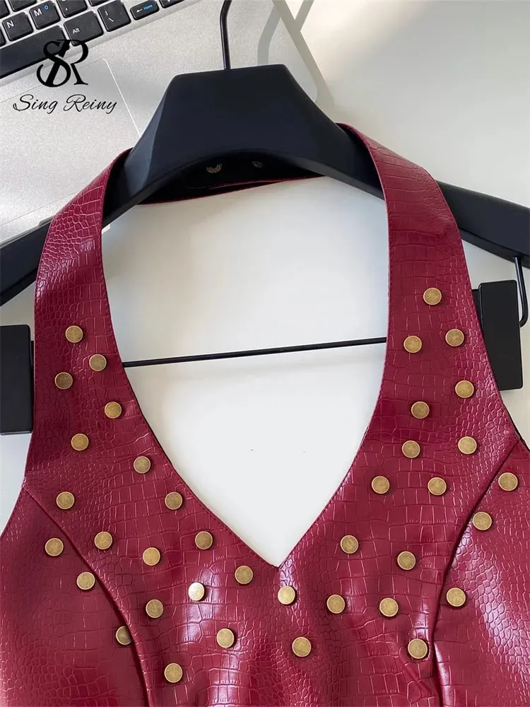 Halter Rivet Hotsweet Tops Women Lace Up Slim Texture Summer Clubwear Tank Top PU Leather Backless Sensual Retro Camis