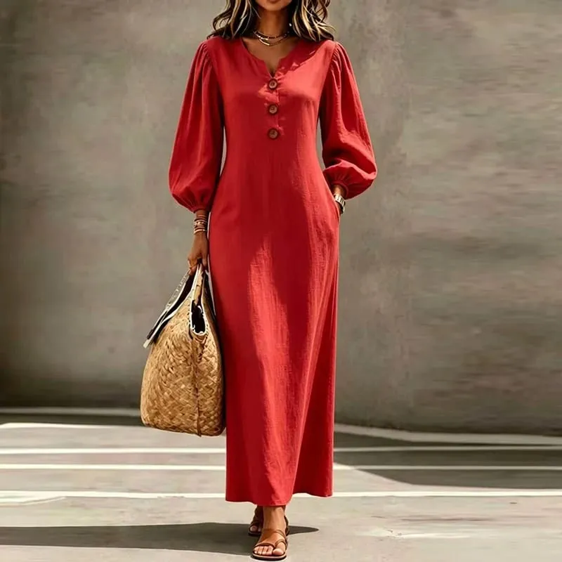 Vintage Casual Long Dress Women V Neck Wrist Puff Sleeve Loose Beach Holiday Dresses Women Casual Button Up Maxi Dresses Robe