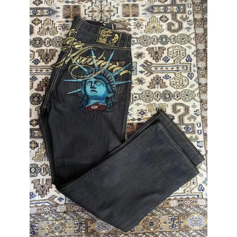 Amerikansk vintage Liberty Goddess diamantjeans med hög midja rakt skurna vida ben jeans Y2K casual Ins street wear långbyxor