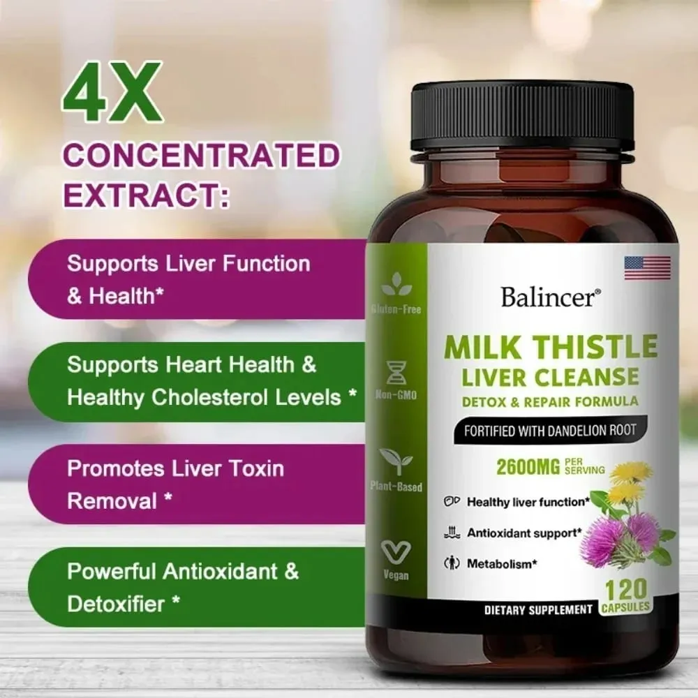Milk Thistle with Dandelion Root-Antioxidant Liver & Kidney Health Support Supplement Vegan Non-GMO Gluten Free 120 Capsules